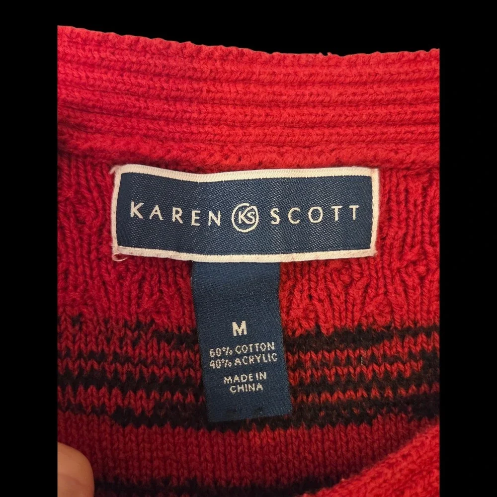 Karen Scott Medium Cotton Acrylic Boatneck Sweater Red Black Stripes‎